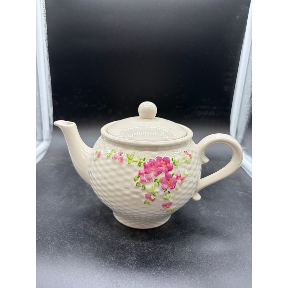 Vintage 1985 Teleflora Gift Ceramic Teapot Pink Floral Honeycomb Texture Cream